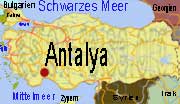 Lageplan von Antalya auf der Landkarte der Türkei.